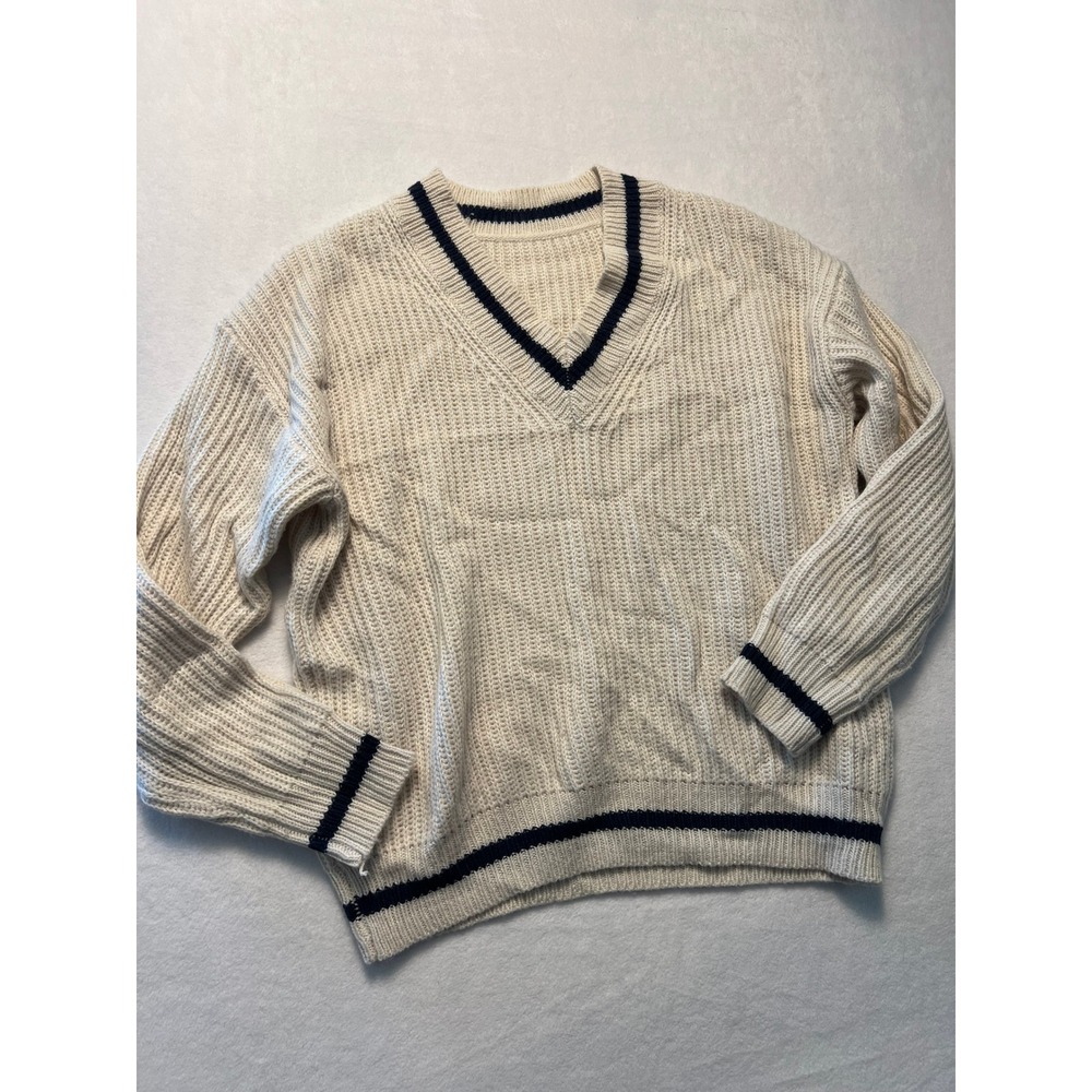 Small V-Neck Sweater Preppy Collegiate Cream Navy Ribbed Knit Pullover